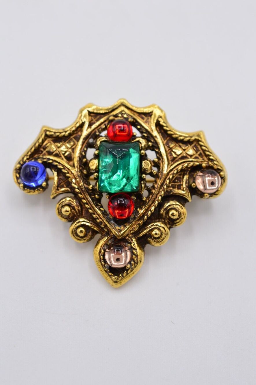 Vintage Cabochon Gold Brooch Pin Antiqued Jelly Blue Red Green Crystal 80s BinJ